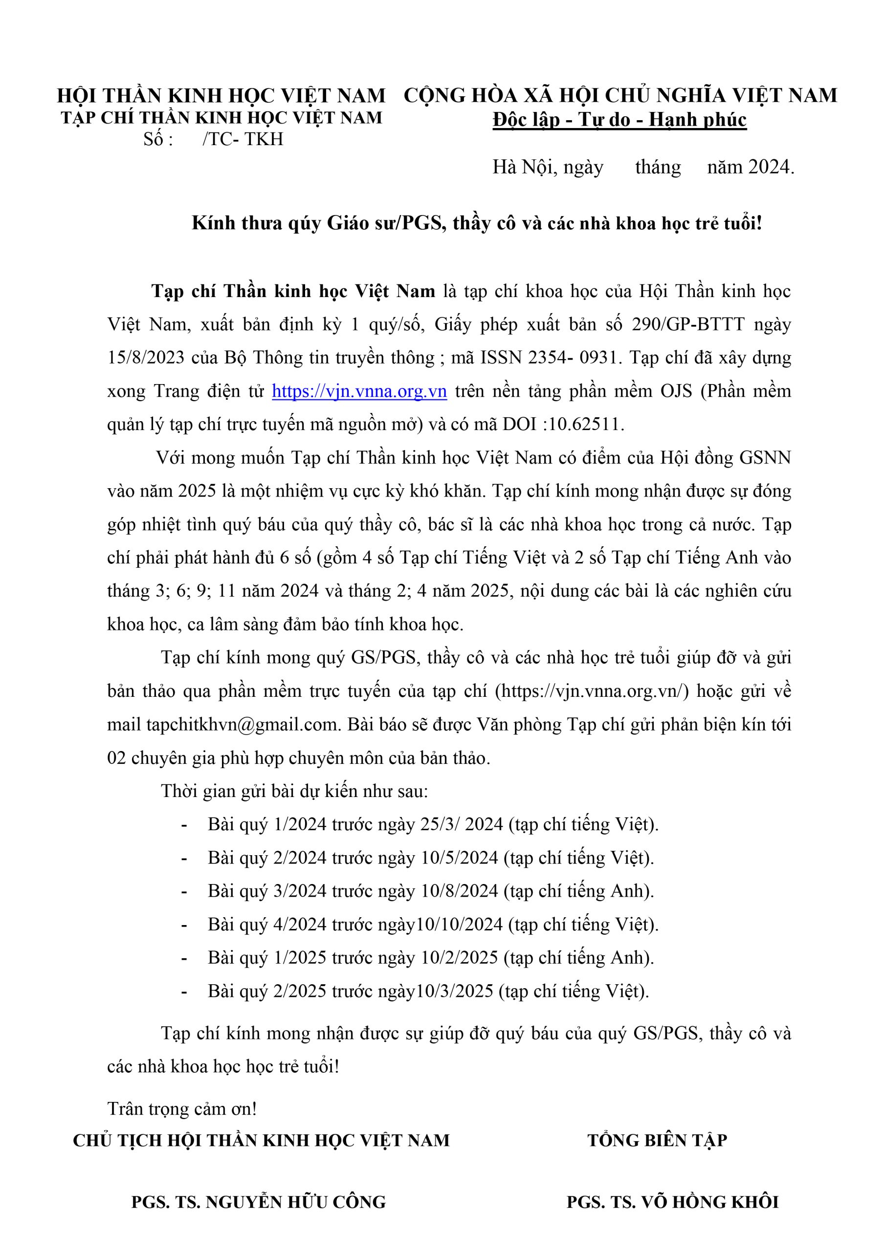 Thư mời viết bài trên Tạp chí Thần kinh học Việt Nam